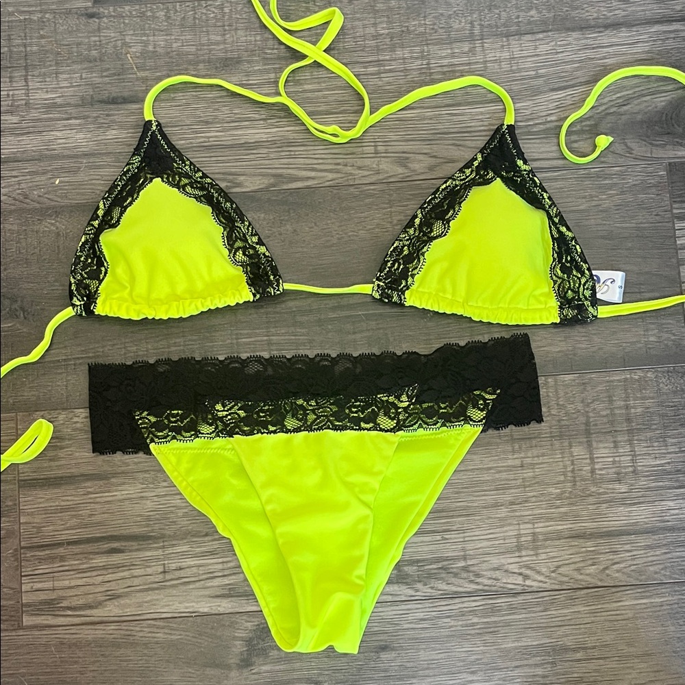 Heat Neon Yellow and Black Lace Bikini Set